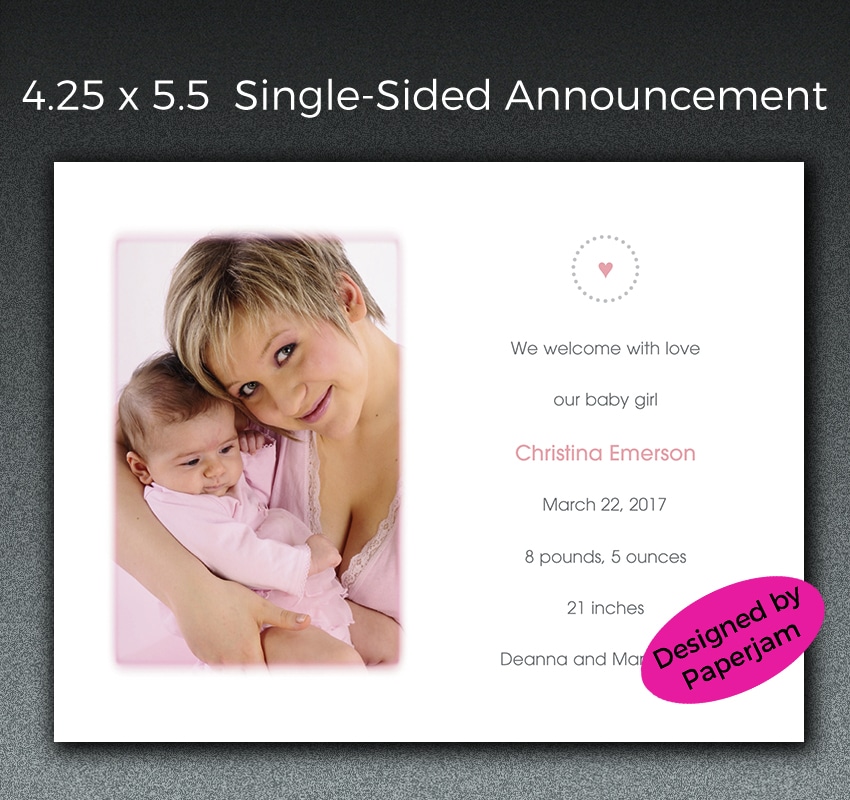 This petite birth announcement is accented with dusty pink and charcoal gray, including a heart motif along with a tinted vignette around the cropped photo.