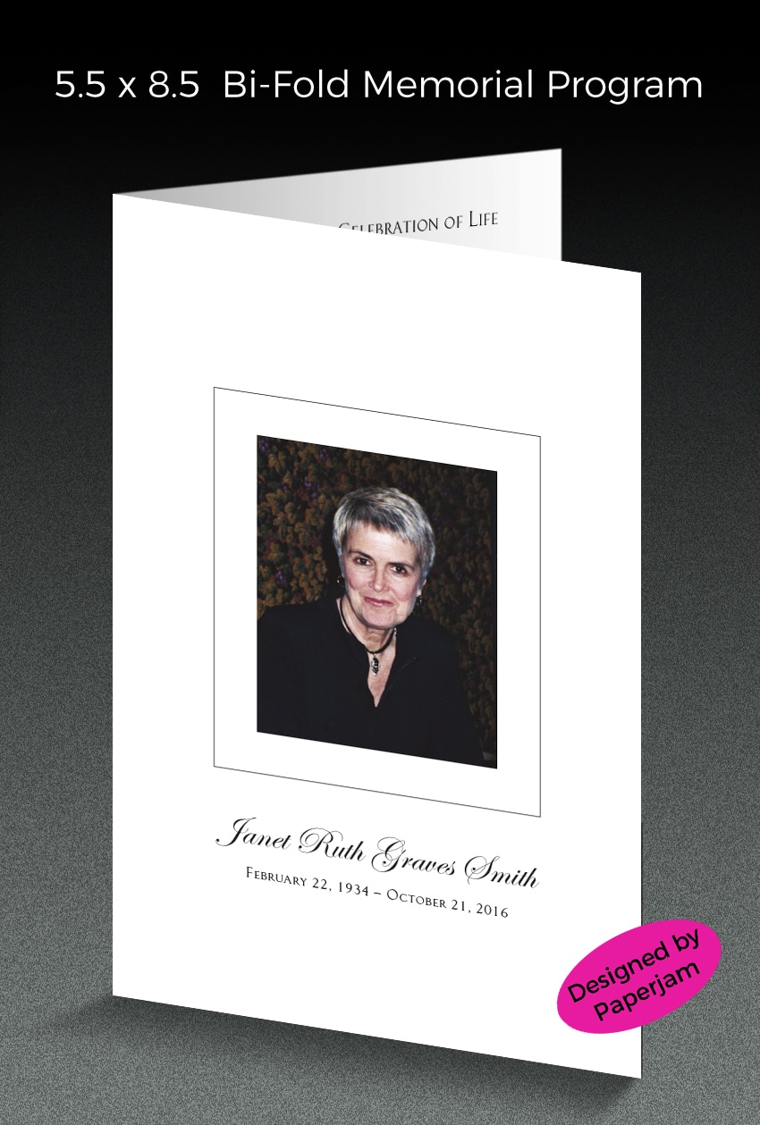 Printed on a crisp white mat card stock, this memorial program with photo is professionally type set by our designer at Paperjam.